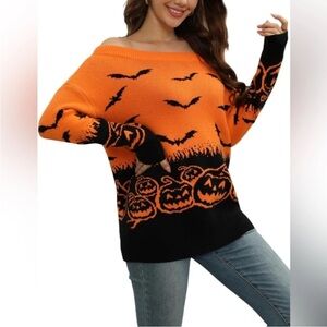 Halloween Themed Orange and Black Off Shoulder Sweater Size Small